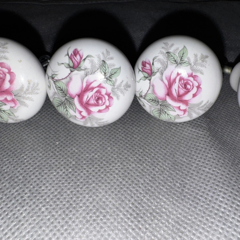 Vintage Porcelain Ceramic Drawer Cabinet Door Pull Knobs Pink Rose