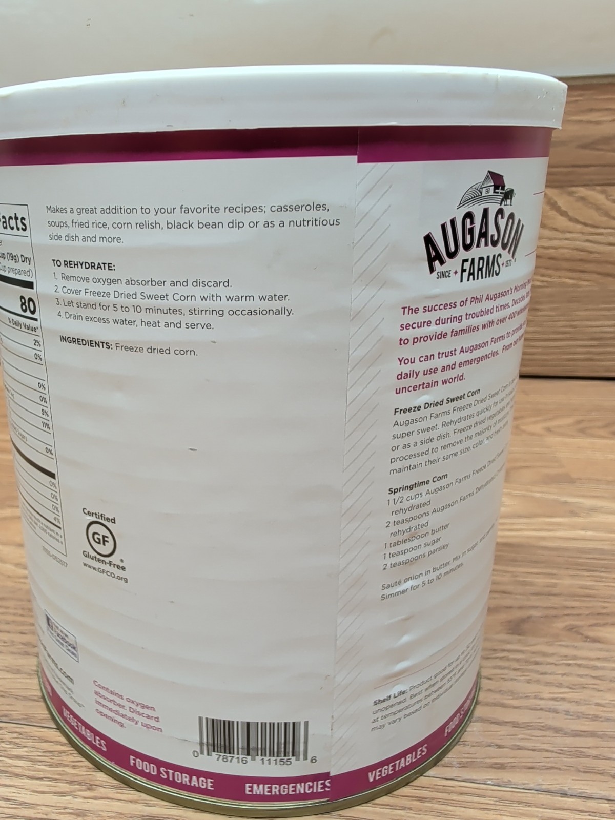 Augason Farms Freeze Dried Sweet Corn 1 lb #10 Can Exp 2047