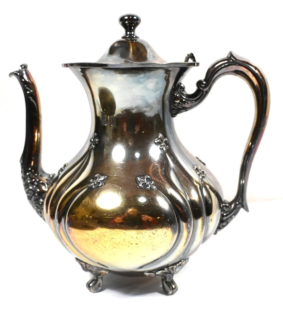 ANTIQUE QUEEN CITY SILVER 4-PC COFFEE TEA SERVICE SET Silverplate Fleur-de-lis