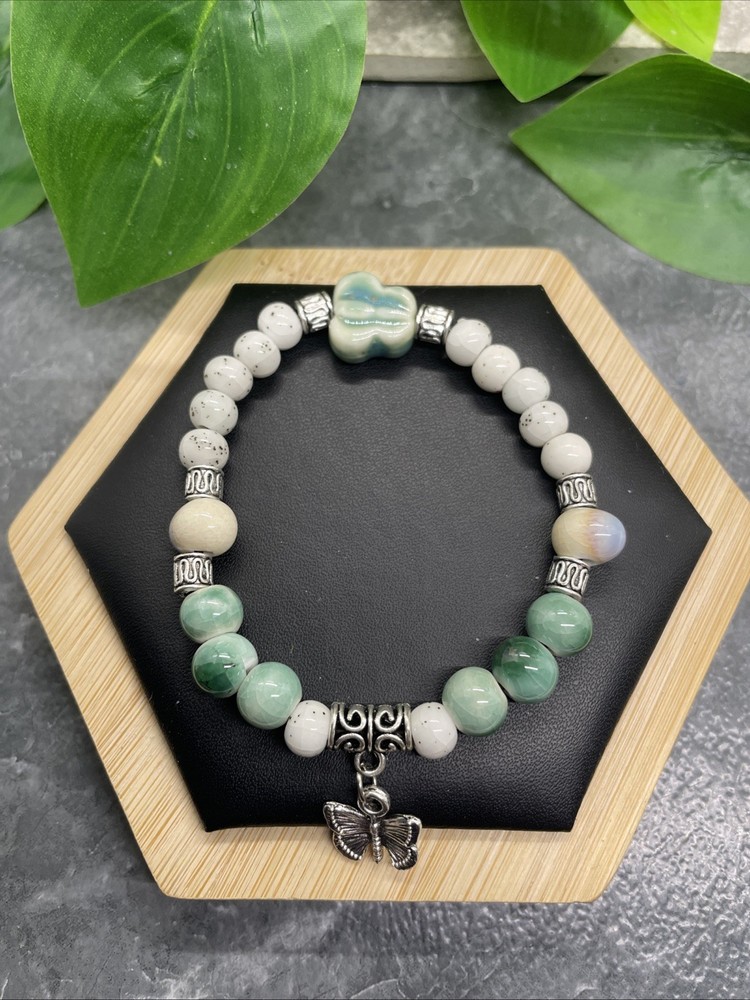 Handmade Ceramic Bead Beaded Stackable 6.5” Plus Stretch Bracelet New B298