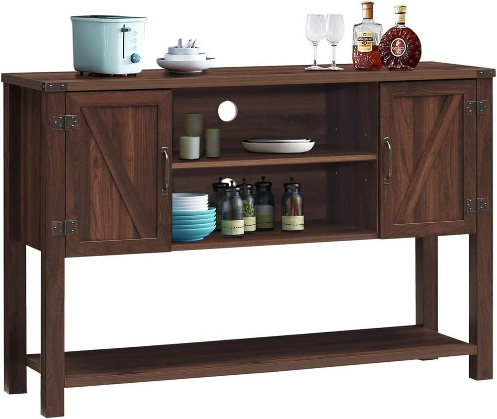 Modern Brown Console Table Buffet with Storage Cabinets and Bottom Shelf