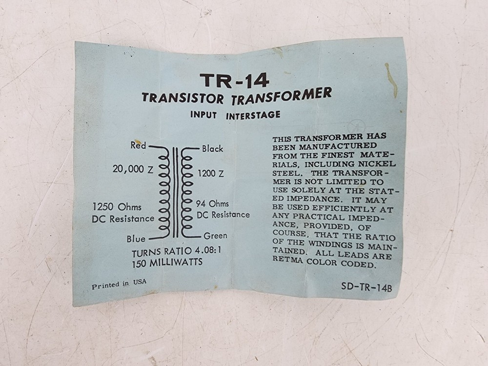 Vintage Thordarson TR-14 Transistor Input Interstage Transformer 20KZ 1.2KC