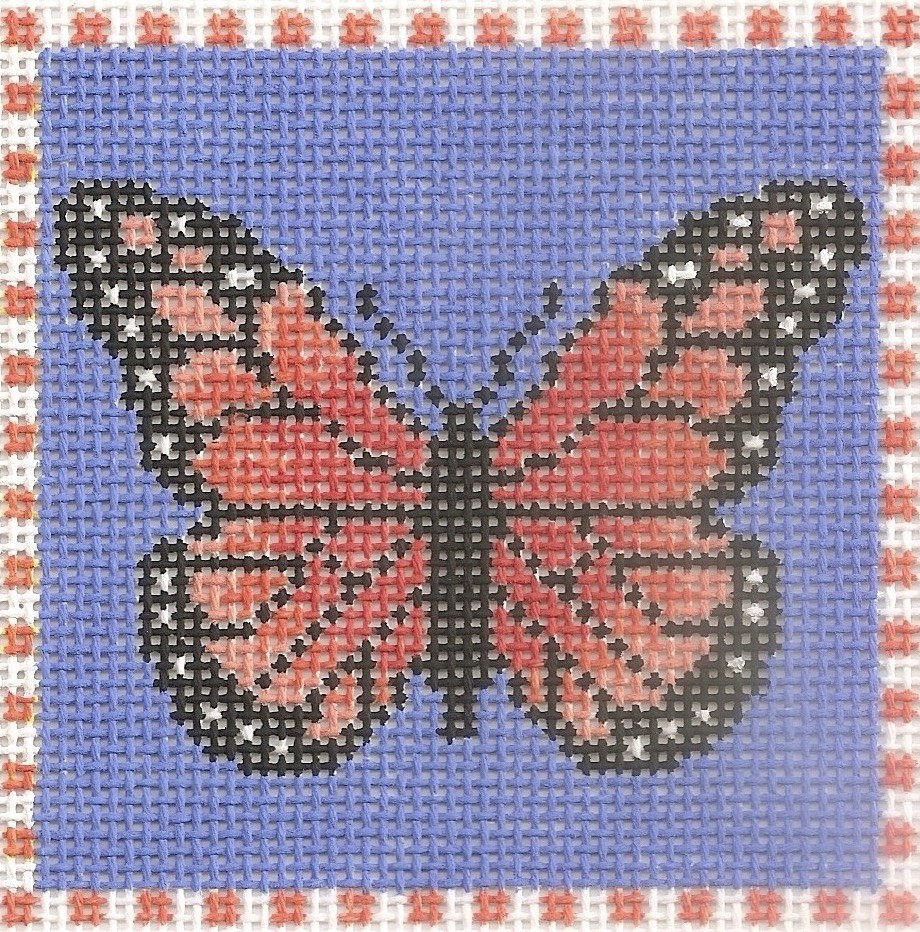Hand painted needlepoint Monarch Butterfly square 3" 18 mesh