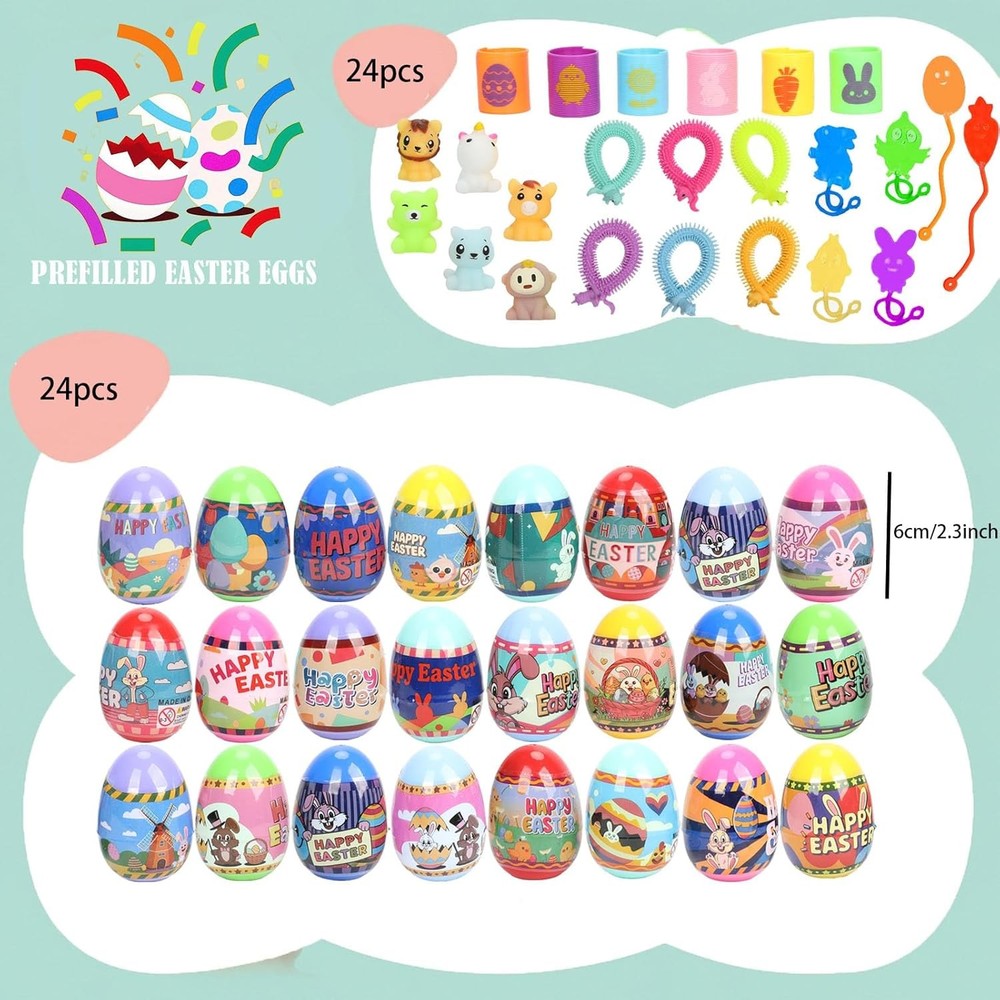 24 Pack Easter Eggs with Toy Inside,Includes Coil Springs,Squishies,Sticky Hands