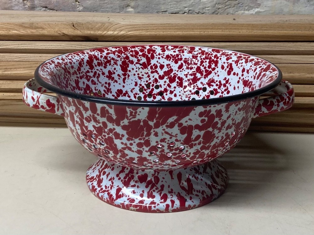 Vintage Enamelware Graniteware Red White Splatterware Colander 9" Diameter