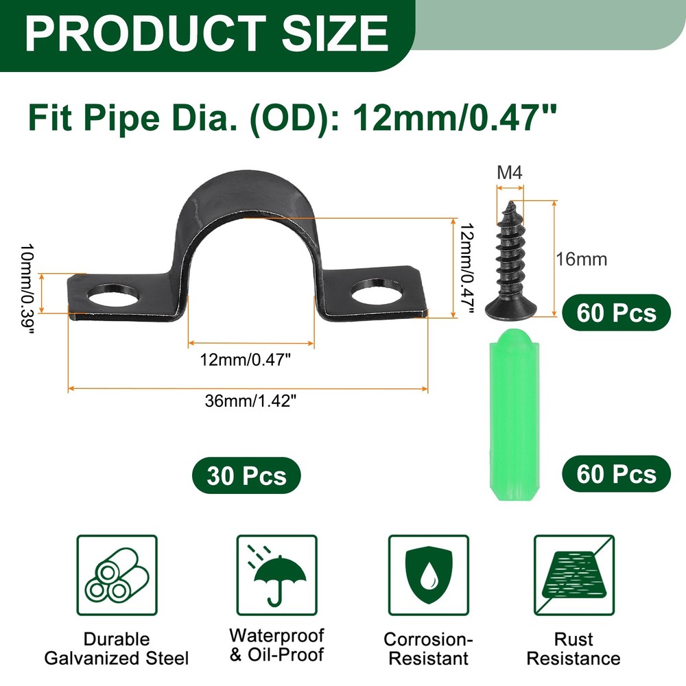 30Pcs 12mm(1/2") Two Hole Pipe Strap, U Brackets Conduit Clamp