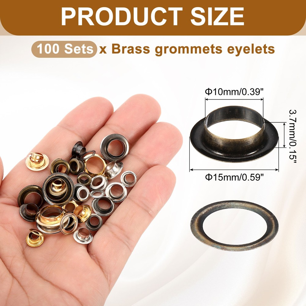100 Sets Grommets Eyelets, 10mm Brass Self Backing Eyelets, Bronze