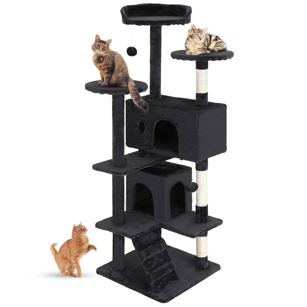 | 54" Cat Tree Tower | Dark Gray | Multi-Level Indoor Activity Center with Si...