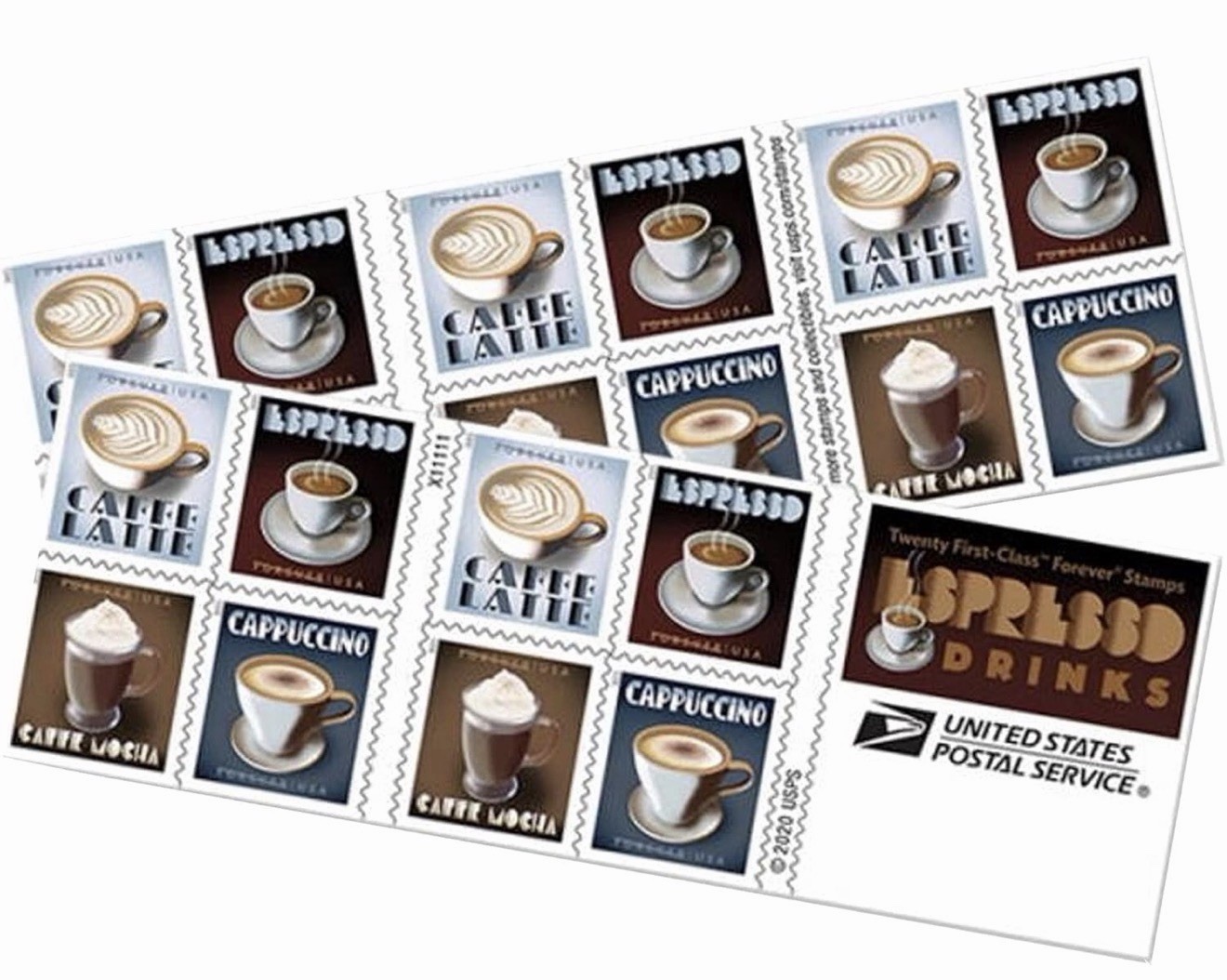 2021 USPS SHEET OF 20 FIRST CLASS LETTER STAMPS ESPRESSO DRINKS 78¢