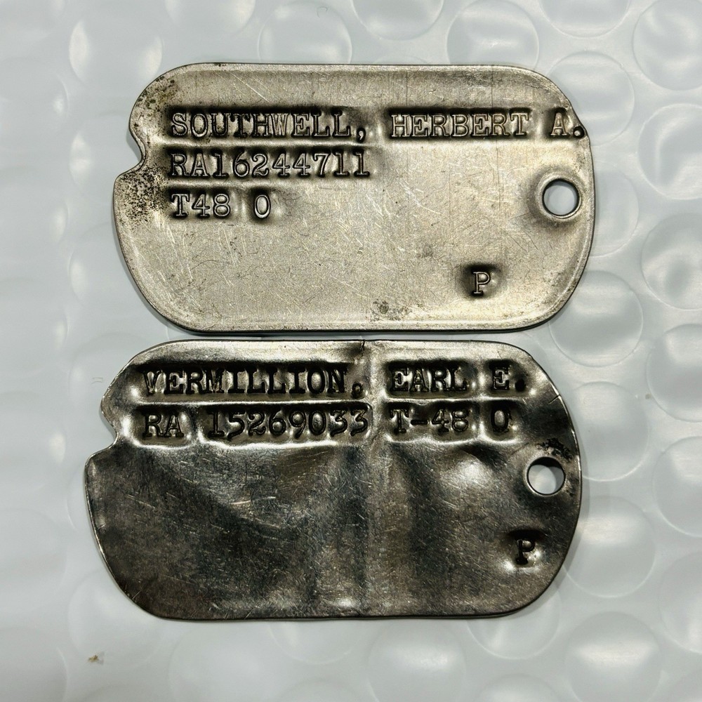 2 1948 USA Military Notched Single Dog Tags T48 Named Vintage 1940s