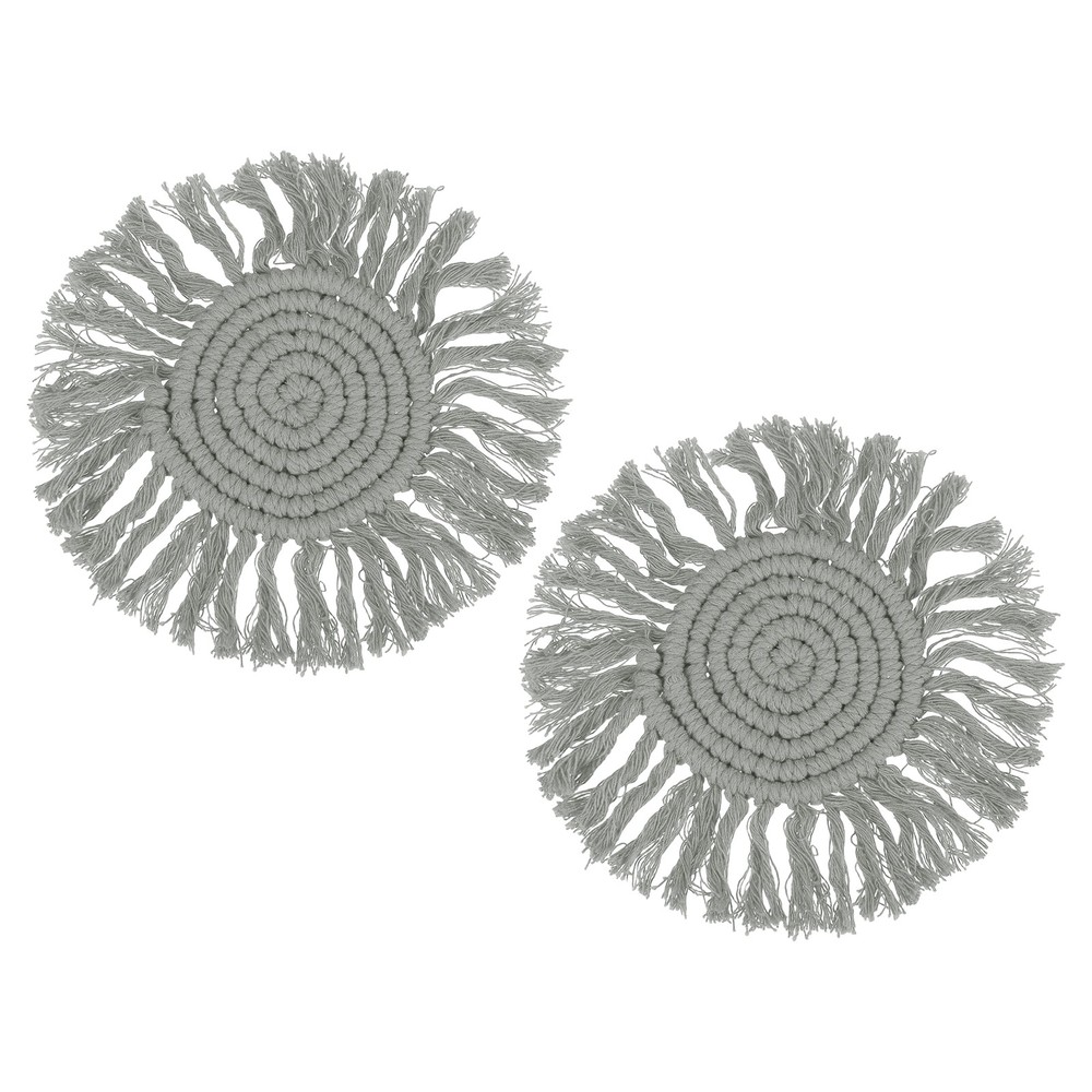 2Pcs Boho Coasters, Woven Drink Coasters with Tassel, Gray