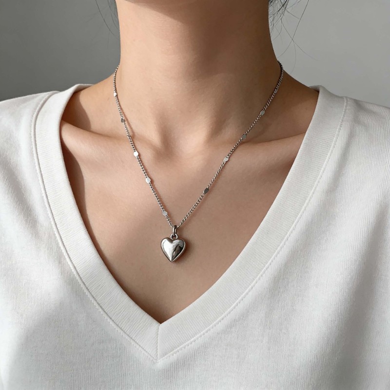 925 Silver Plated Women's Fashion Heart Pendant Necklace Collarbone Chain