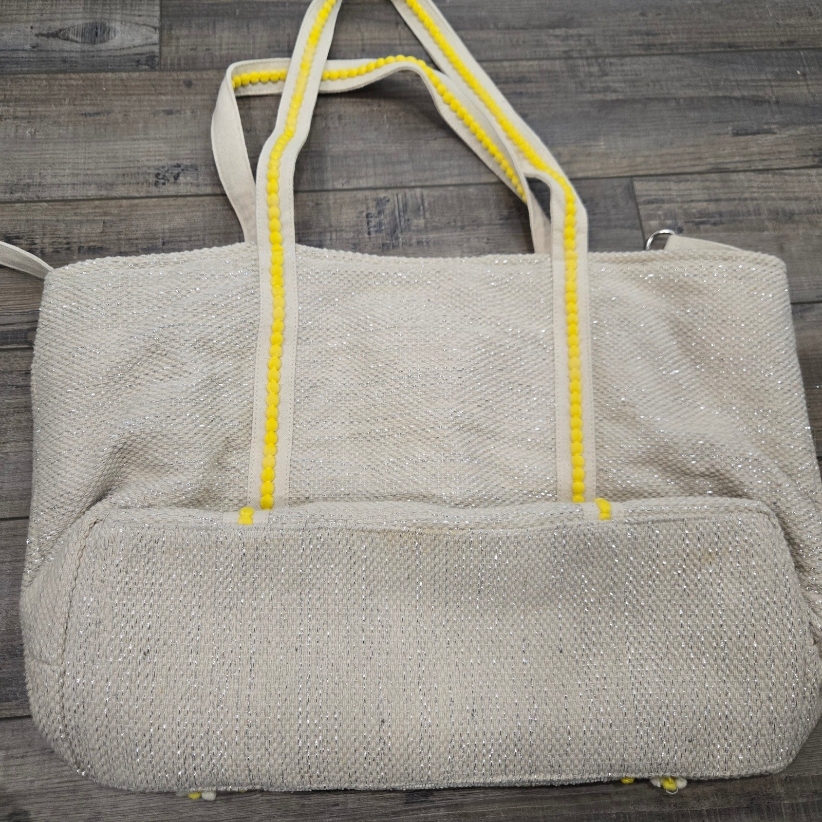 America & Beyond Beaded Lemon Tote Bag Silver Lurex Pom Pom Trim Yellow Lining