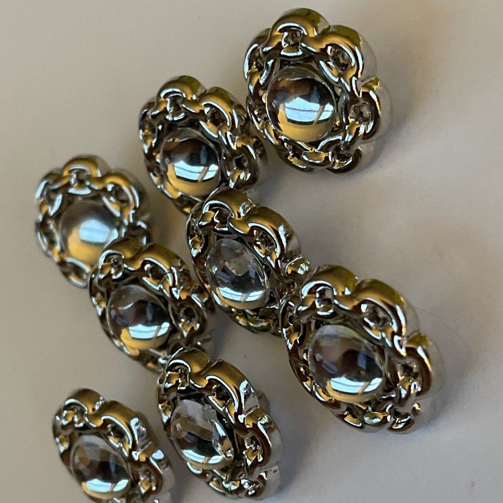 Set 8 Silver Tone Plastic Buttons Mirror Cabochon 5/8”
