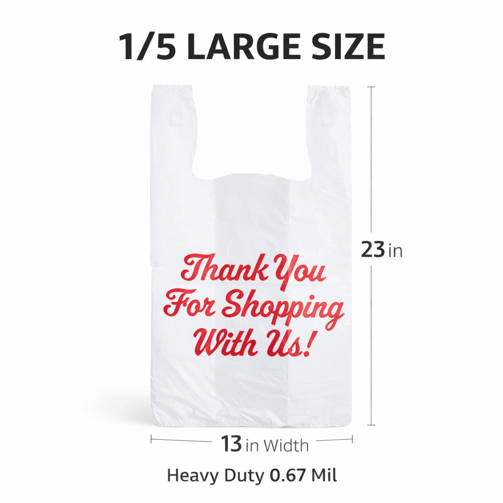 1/5 Large Thank You T-Shirt Plastic Bags 23x13x8 in 0.67 Mil Grocery Carryout