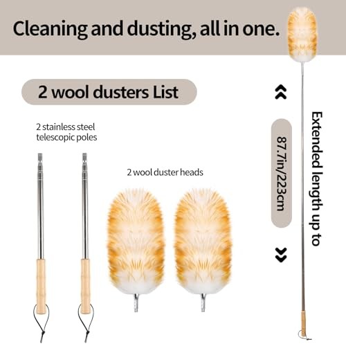 Lambswool Duster for Cleaning with Solid Wooden Handle Leather Hang 87.8Inch 2