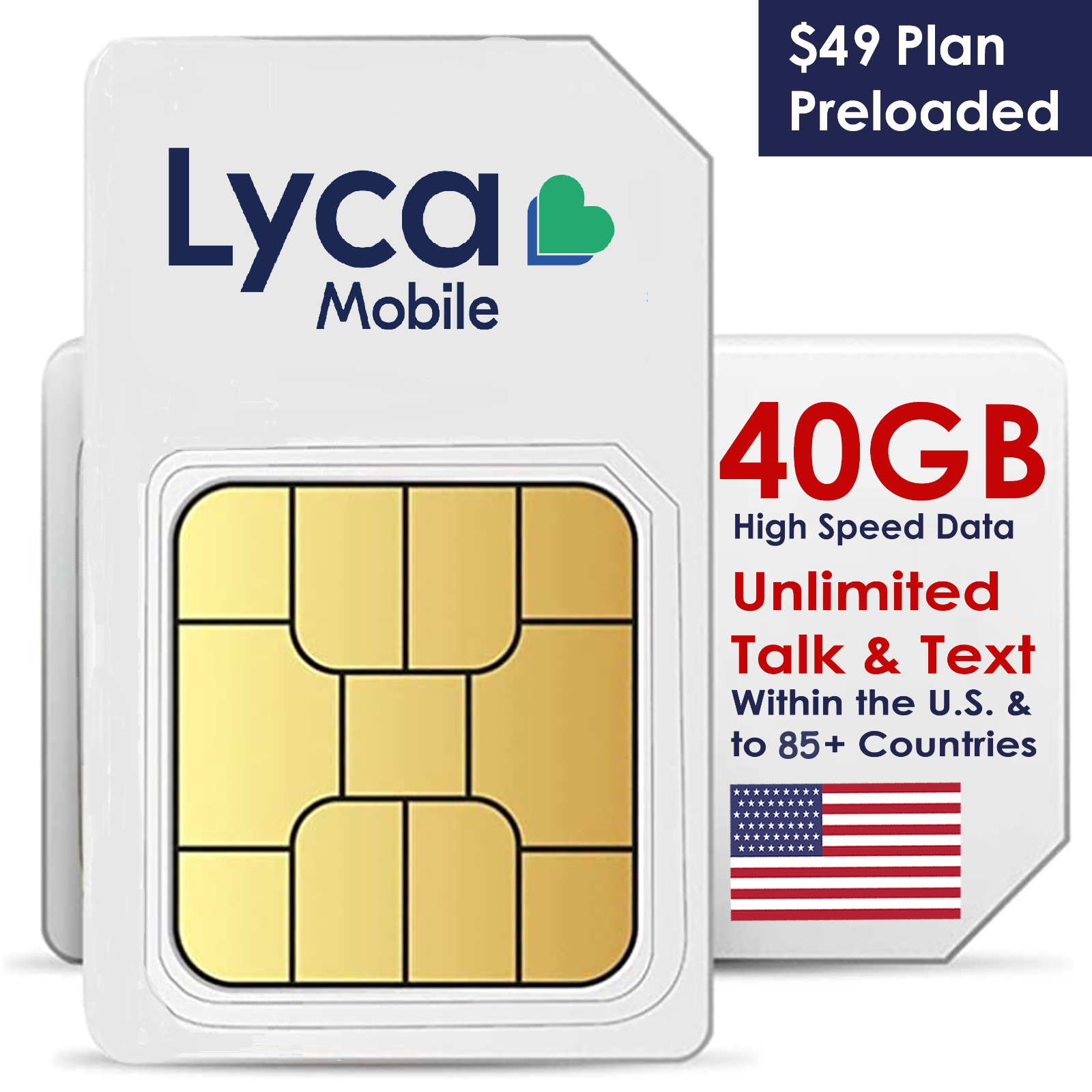 Lycamobile $49 Plan SIM Unlimited Talk/Text/Data to 85+ Countries - 40GB 4G/5G
