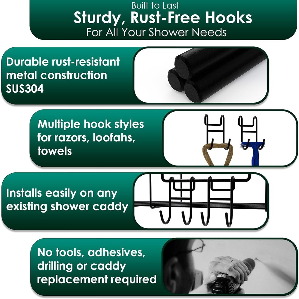 Black Shower Caddy with Hooks - 2 Pack 1 Closed 1 Open Hooks,
