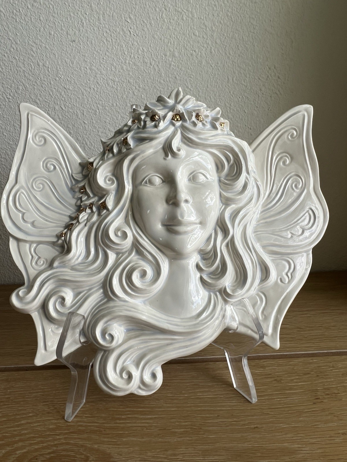 Vintage Ceramic Fairy Wall Plaque Angel Fairy Face Winged Decor Cottagecore