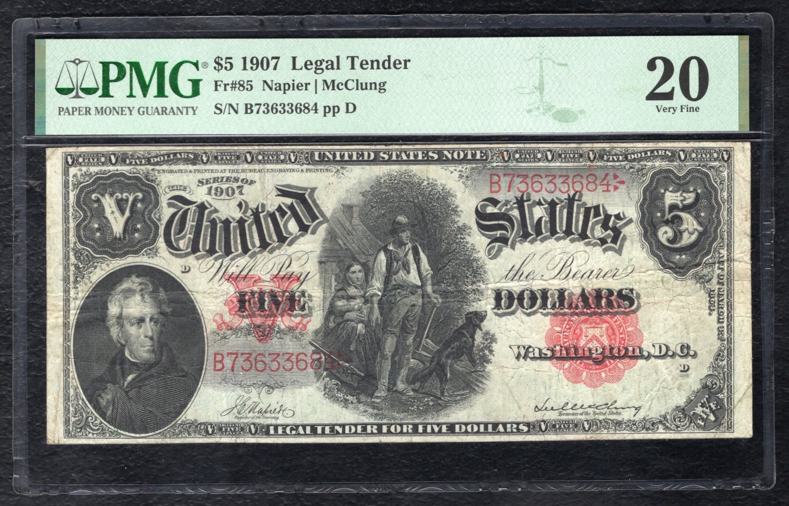 FR. 85 1907 $5 “WOODCHOPPER” LEGAL TENDER UNITED STATES NOTE PMG VERY FINE-20