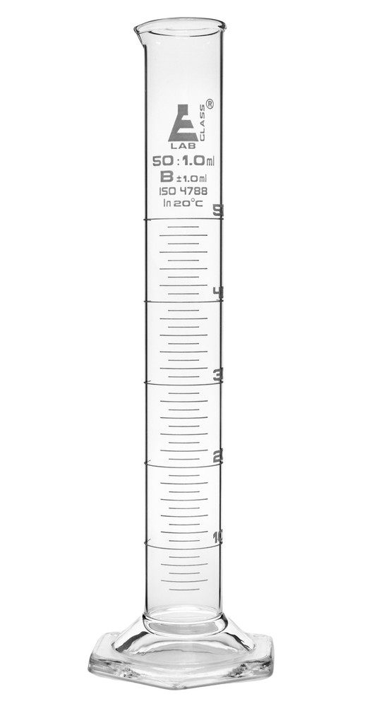 Eisco Labs 50ml Graduated Cylinder, Class B - White Graduations, Hexagonal Base