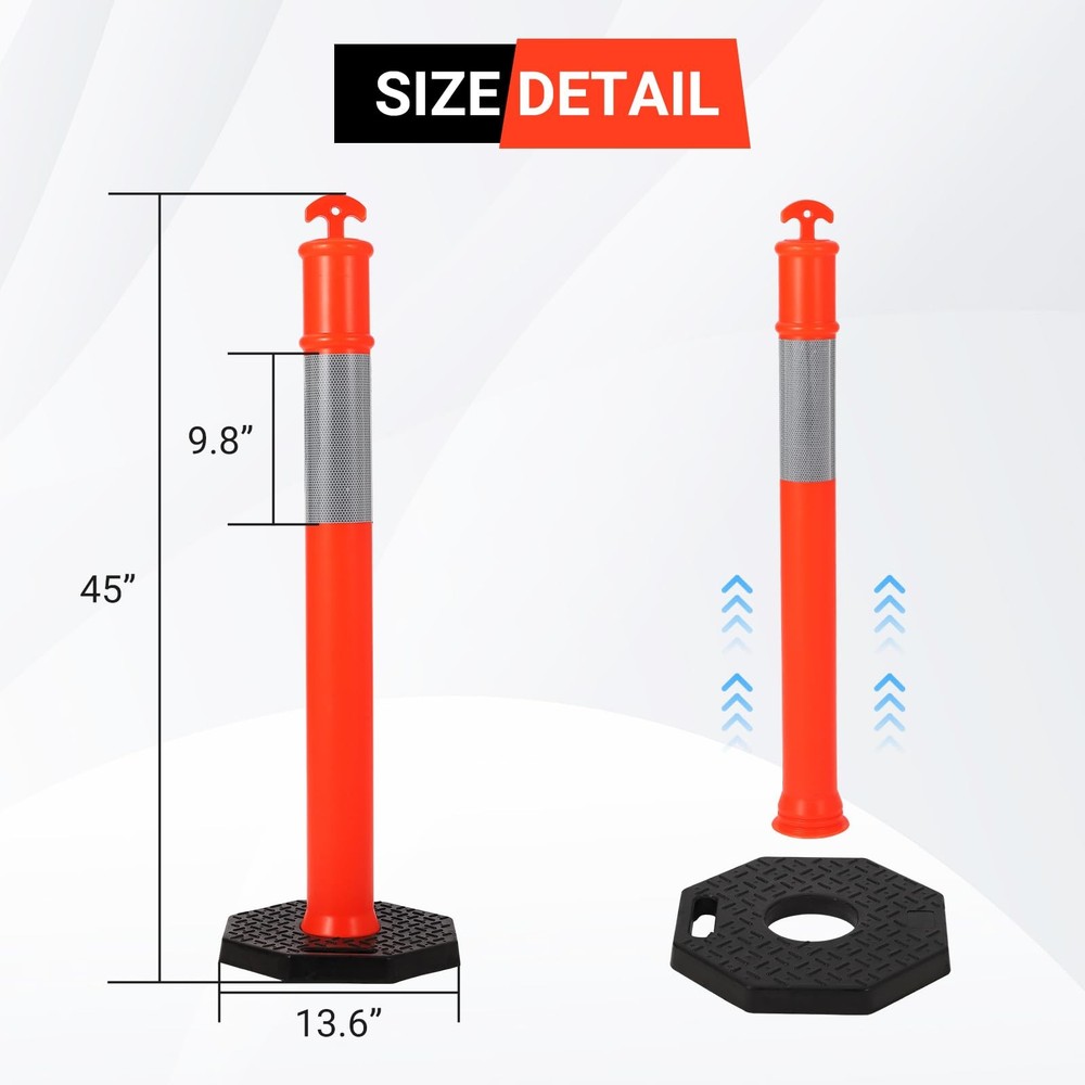 6 Pack 45" Traffic Delineator Post Cones with Base for Traffic Control Warning