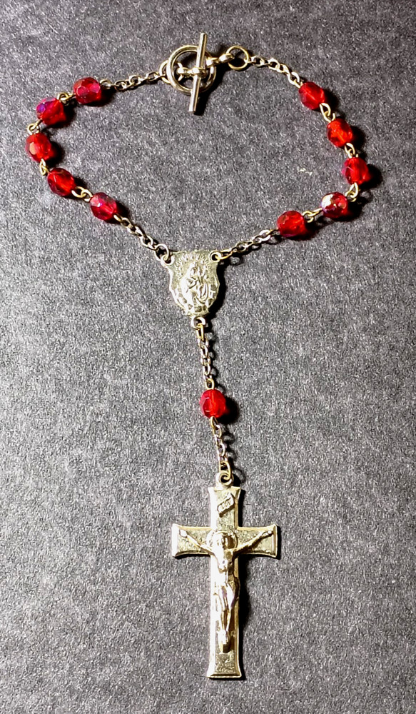 Vintage Ornate Catholic Rosary Crucifix Bracelet Metal & Red Glass Beaded