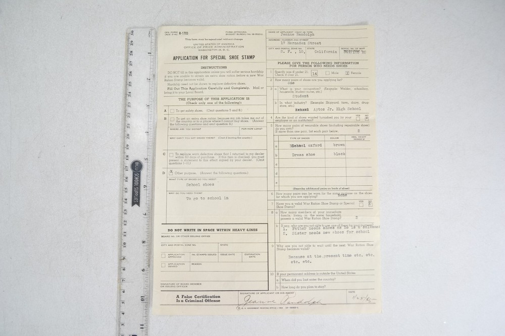 WWII Ephemera, 1944 Application for Special Shoe Stamp, Shoe Ration Application