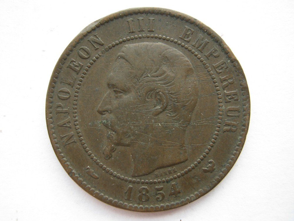 France 1854-W bronze 10 Centimes GF Obv gouges
