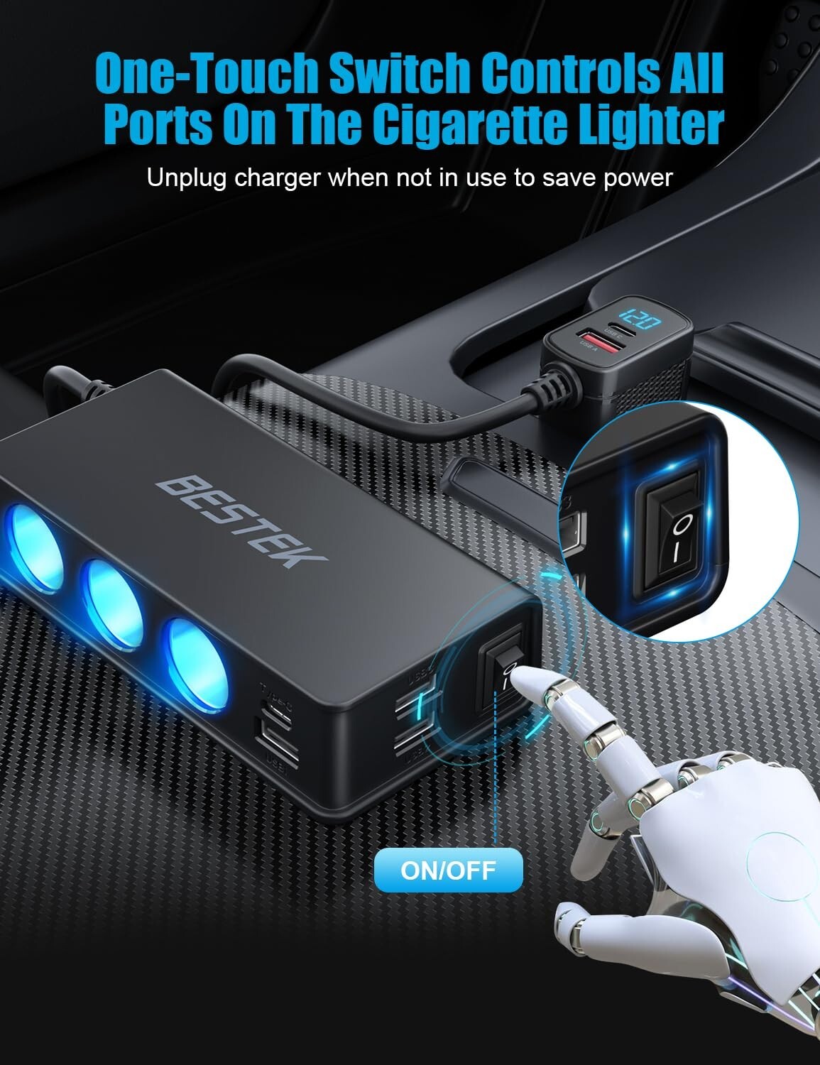 BESTEK 9 in 1 Car Charger 148W 3-Socket PD 30W and QC3.0 18W Charging Ports LED