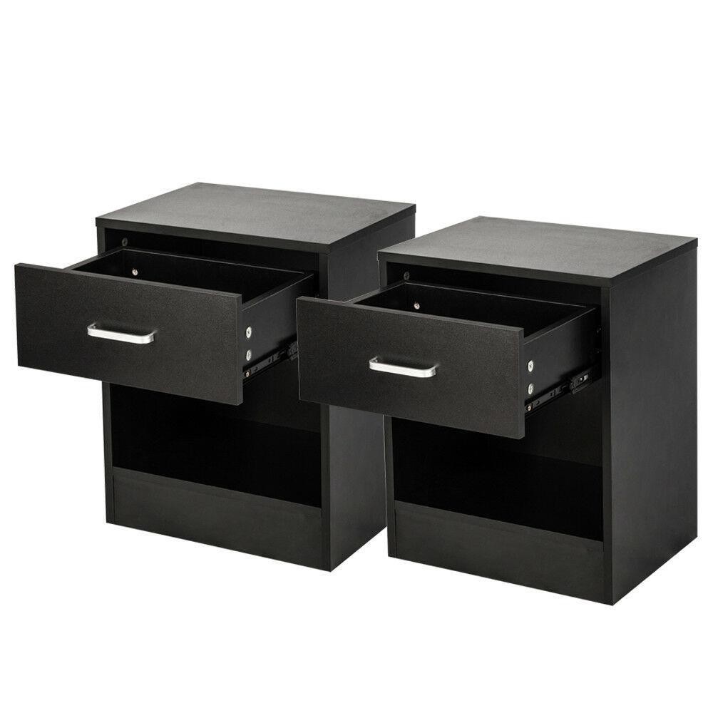 Set of 2 Bedroom Bedside Table Nightstand End Side With Drawer and Open Shelf
