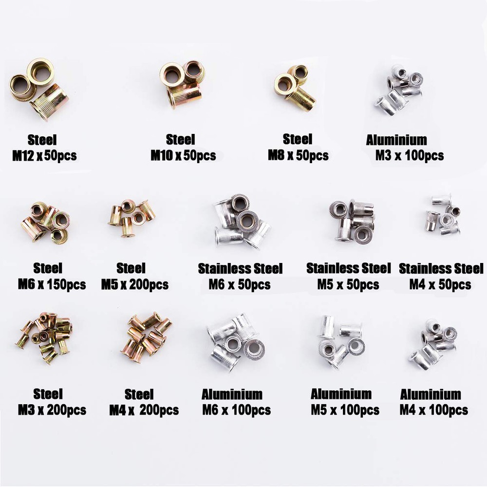 1450PCs Metric Rivets Kit Rivnut Tool Flat Head Threaded Insert Nut Knurled Body
