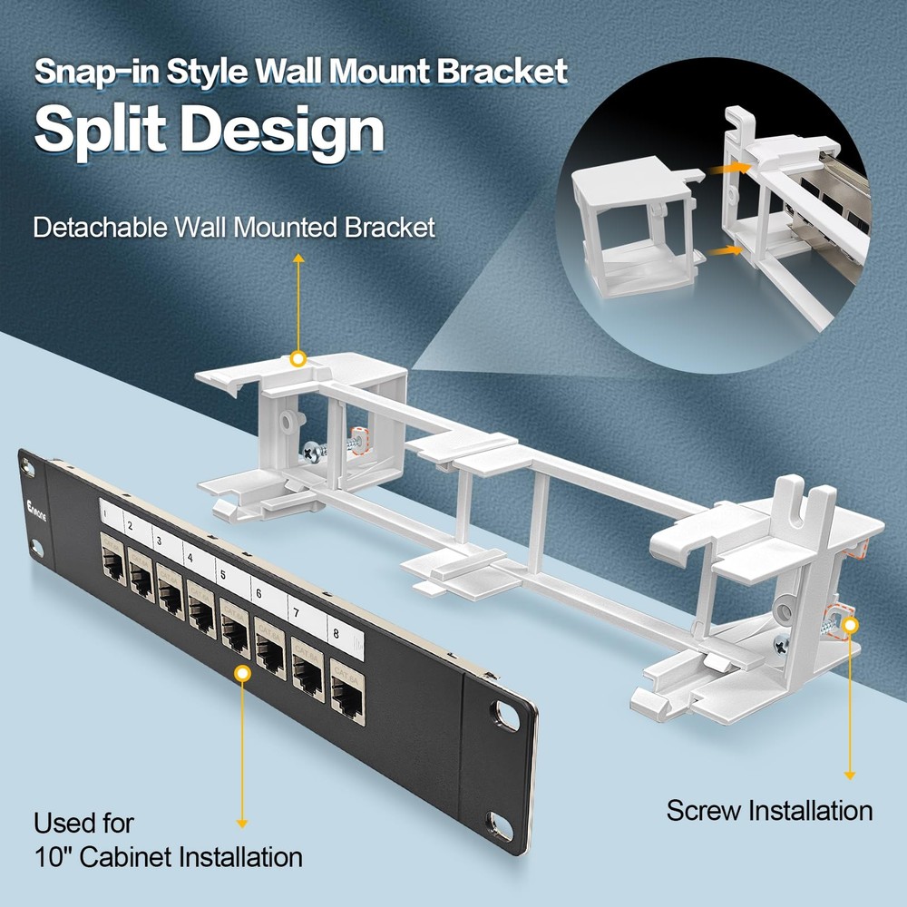 8 Port CAT6A Shielded Keystone Coupler Patch Panel Wall Mount 89D 10 Inch