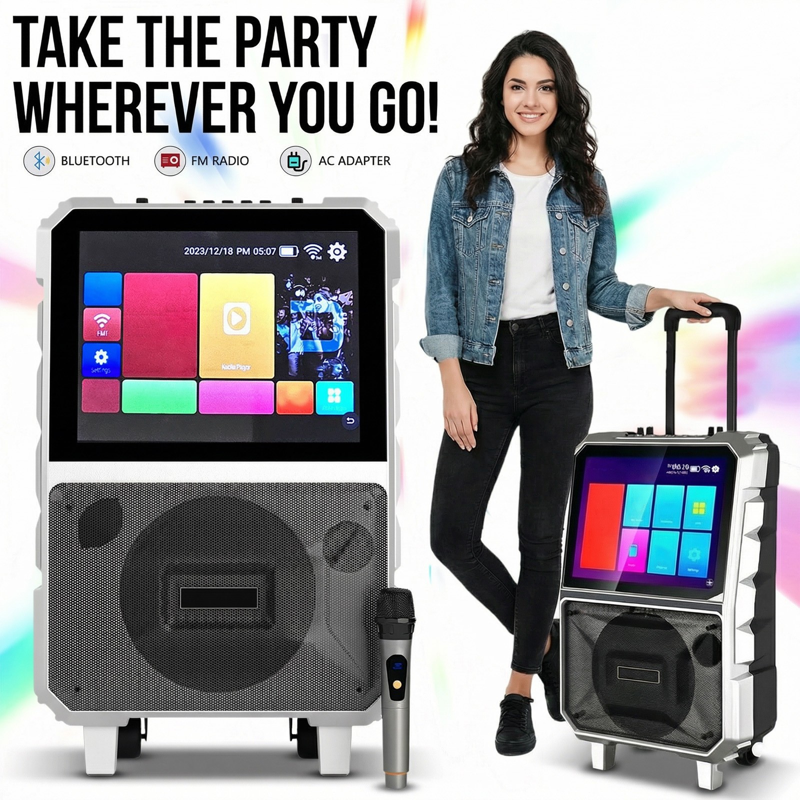 Professional Karaoke Machine BT Speaker w/ Wireless Mic & Lyrics Display Screen