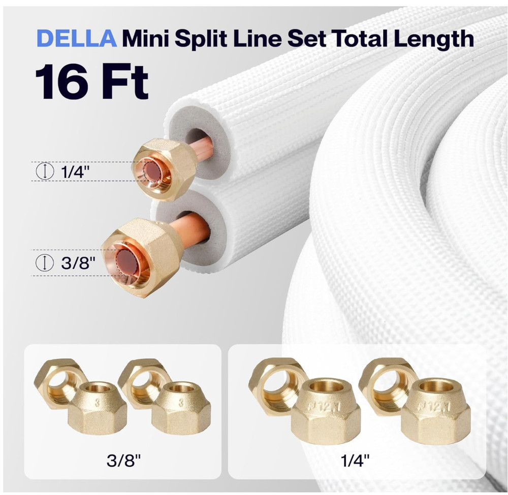 DELLA 16 Ft Mini Split Line Set, Includes 3/8" & 1/4" O.D. copper pipes
