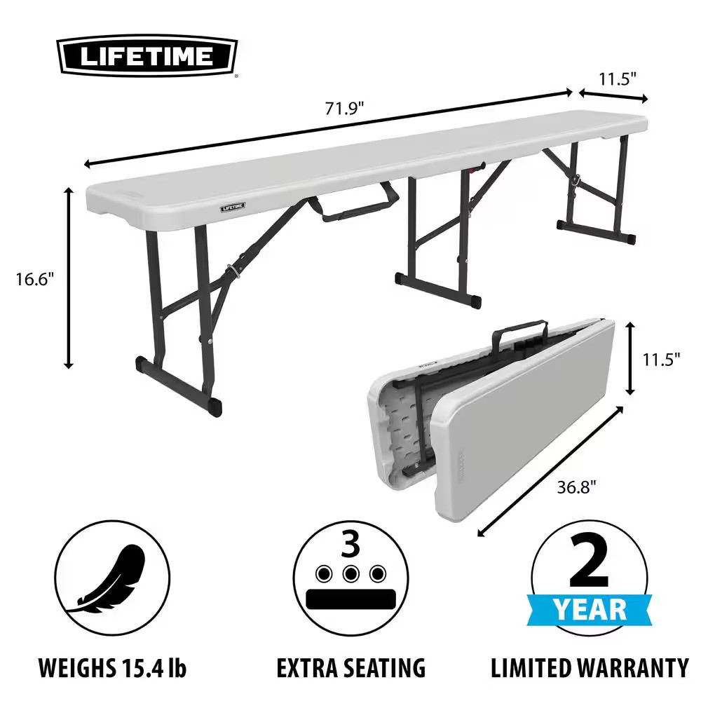 White Outdoor 6 Ft. Fold-In-Half Folding Bench.