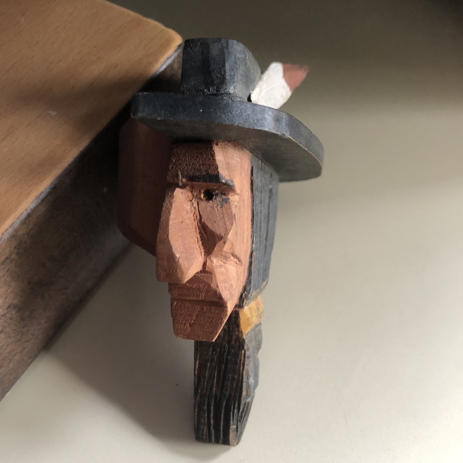 Hand Carved Painted Signed Wood Neckerchief Slide Native American Man AT