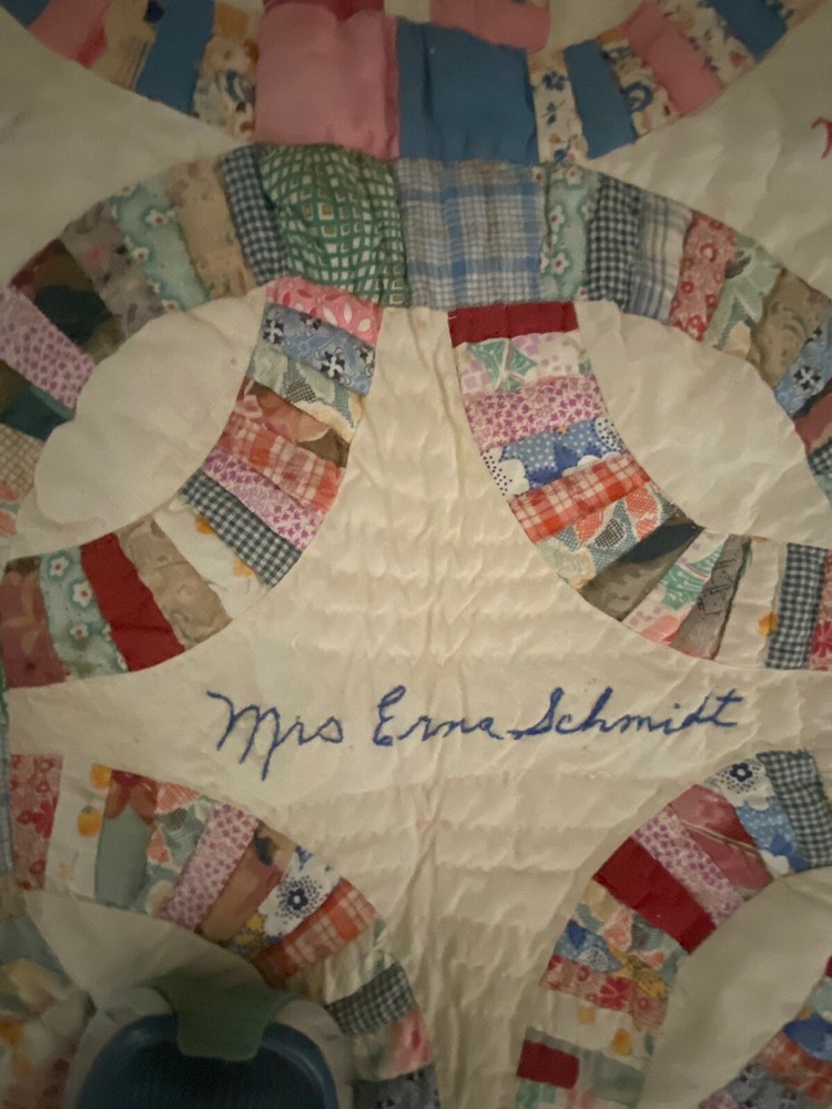 QUILT-‘SIGNED’ HANDMADE Wedding Ring Pattern 78” X 56” PATCHWORK *ANTIQUE*