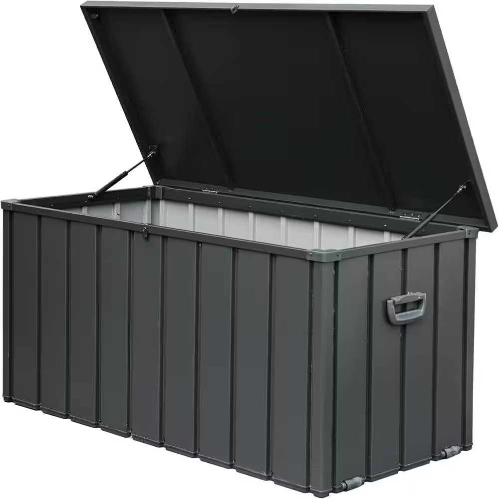 150 Gal. Dark Gray Steel Waterproof Lockable Outdoor Storage Bench with Rolling