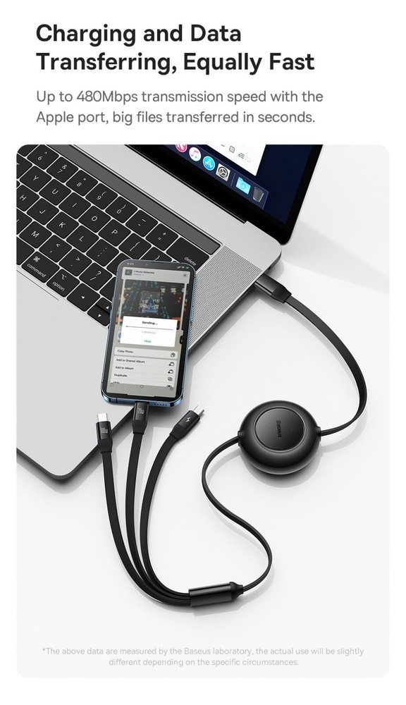 Baseus Retractable 3in1 USB-C Fast Charging Cable Line For iPhone Micro USB-C