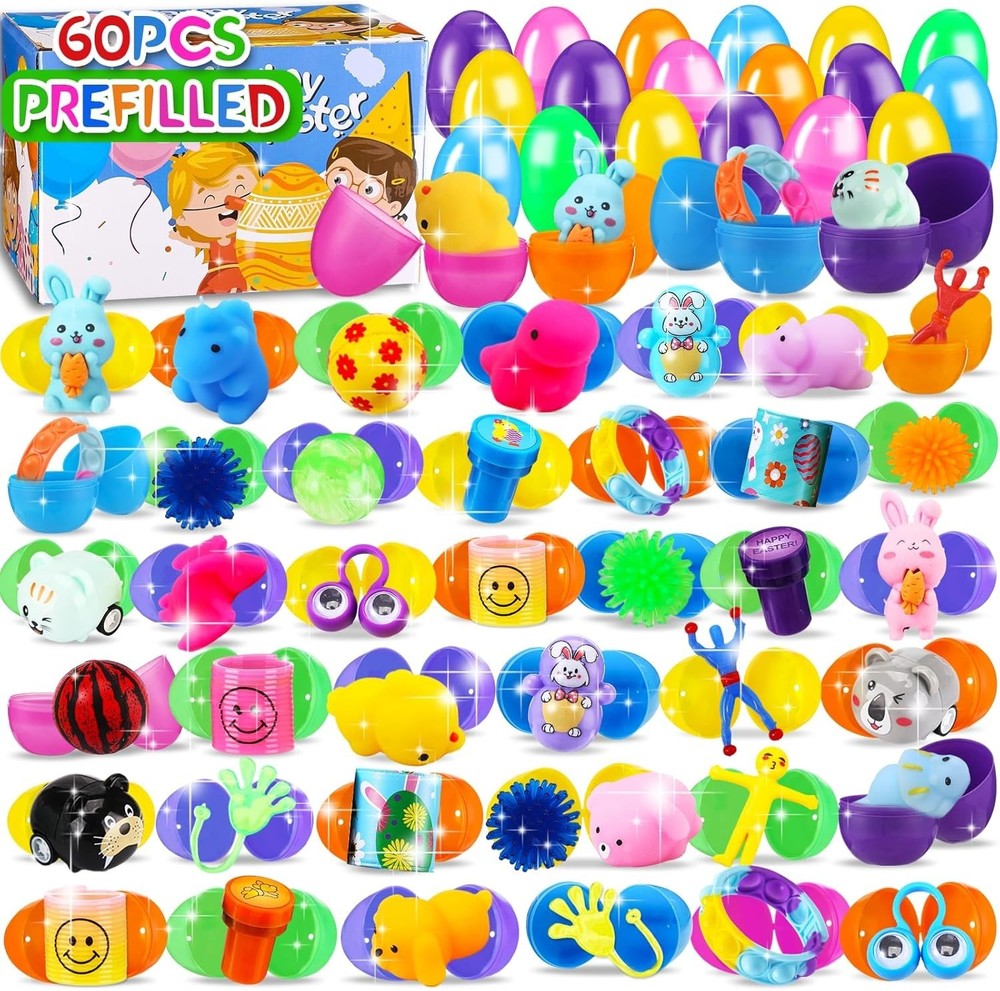 60PCS Prefilled Easter Eggs with Toys Inside, Easter Basket Eggs Filled Stuff...
