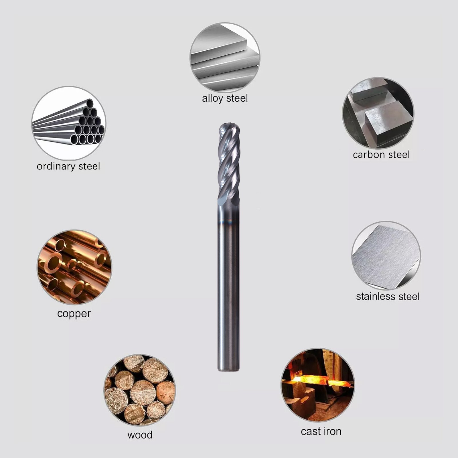 5 PCS 3/16" 4 Flute 2" Overall Length Ball Nose Carbide End Mill AlTiN Coated