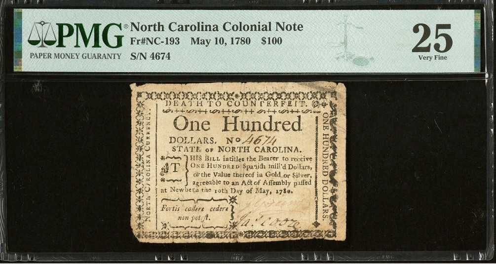 1780 NORTH CAROLINA $100 Colonial Currency American Revolt Bank Note NC-193, PMG