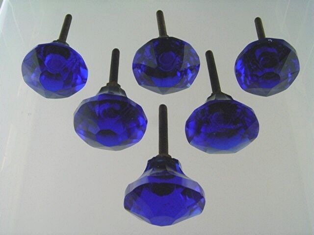 GORGEOUS SMALL COBALT GLASS KNOBS HAND CUT FIRE POLISHED