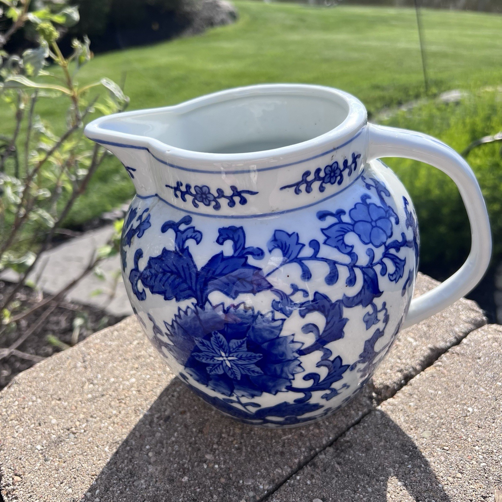 XL Pitcher Pitcher Blue & White Porcelain 60 oz Hand Painted Glaze Floral 9.25”