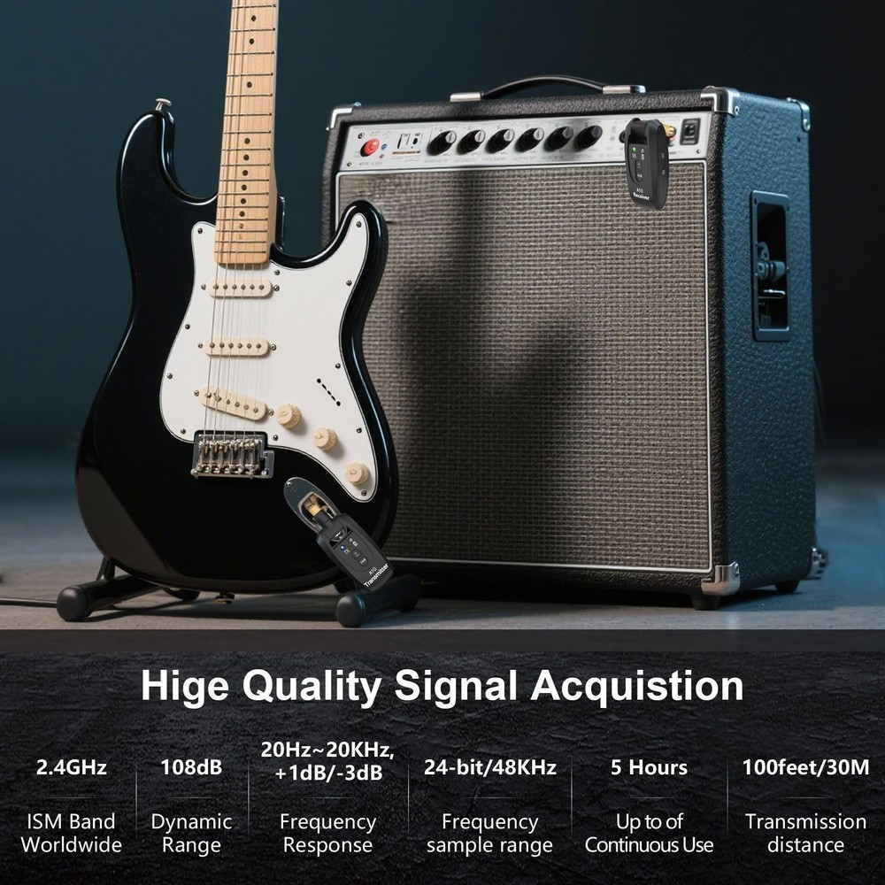 Wireless Guitar System 2.4GHz 2 Modes, Thumb-Size, 250° Rotatable, Wireless