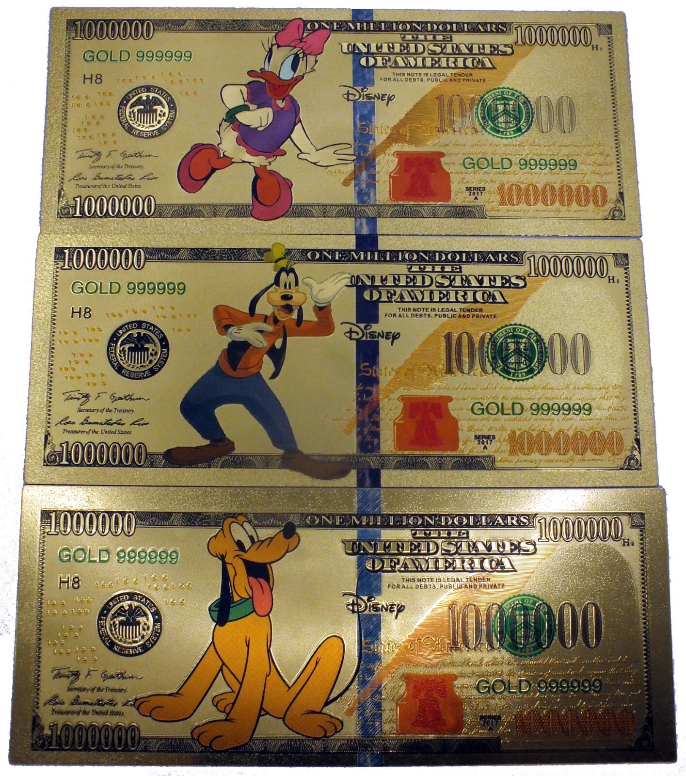 Mickey Mouse Minnie Daisy Donald Goofy Pluto Disney 24K Gold Foil Note Set GFS13