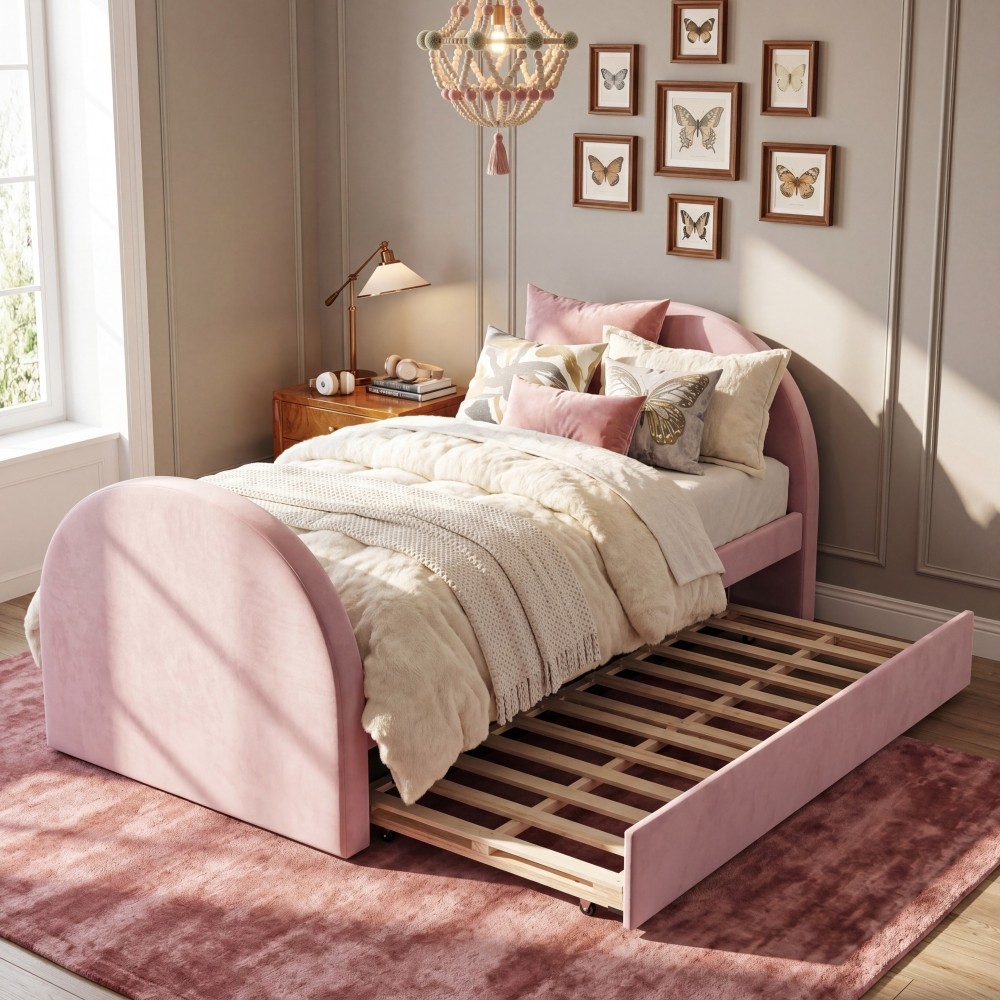 Full Size Upholstered Day Bed Frame With Pull In And Out Function, Olive Green