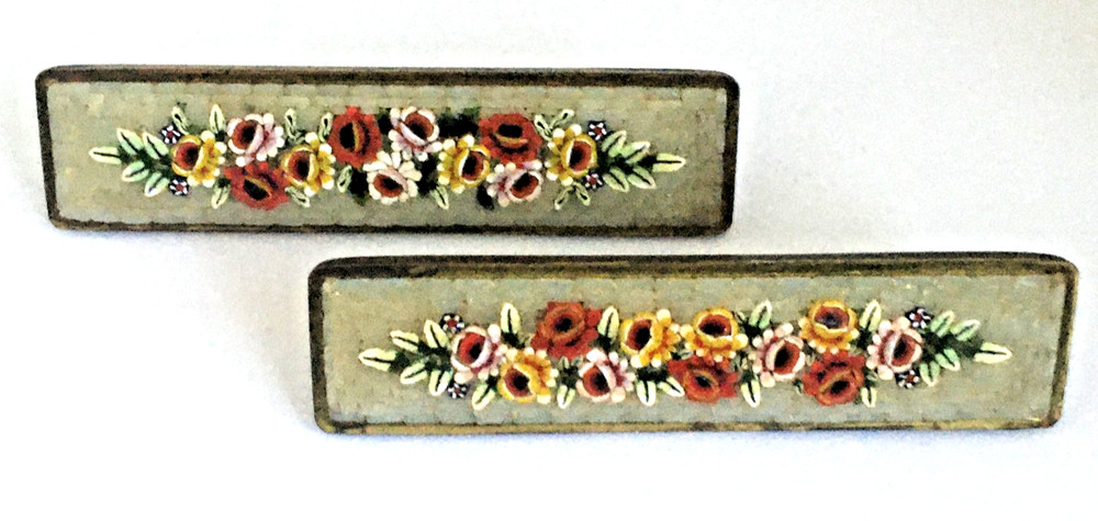 RARE  ANTIQUE MICRO MOSAIC PAIR SOLID BRASS DRAWER CABINET PULLS HANDLES 1"X4"