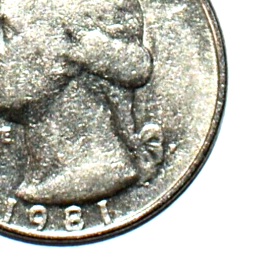 1981 P Quarter Filled Mint Mark Filled Lettering, Die Clash, DD Multi Error